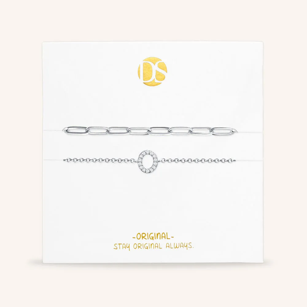 "My Own Sparkle" Set of Two Pave Initial & Clip Chain Layering Bracelets