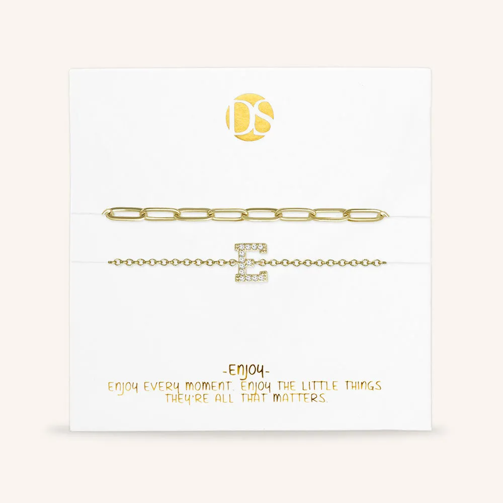 "My Own Sparkle" Set of Two Pave Initial & Clip Chain Layering Bracelets