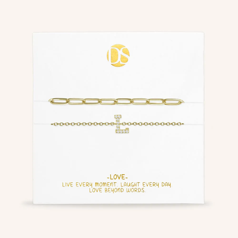 "My Own Sparkle" Set of Two Pave Initial & Clip Chain Layering Bracelets