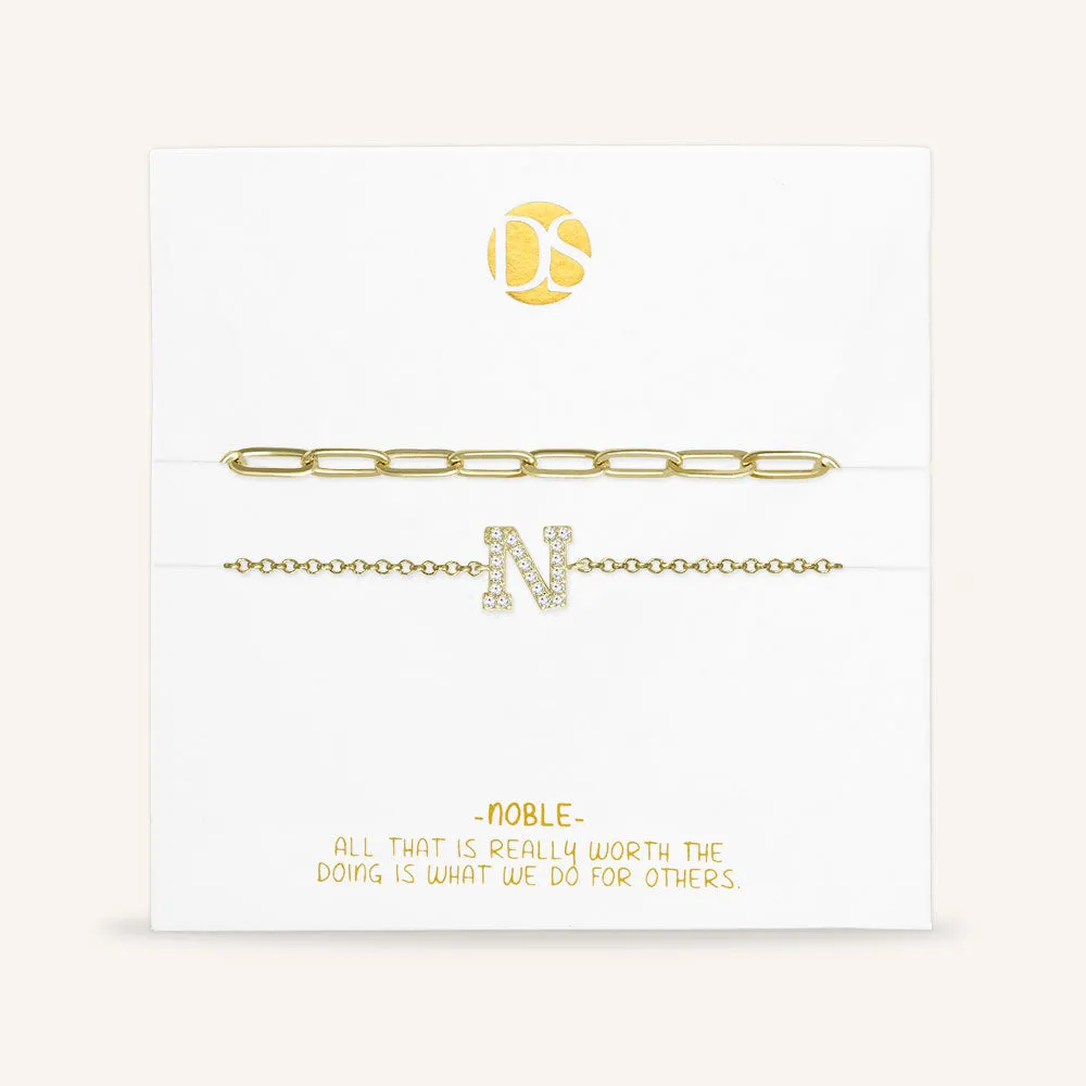 "My Own Sparkle" Set of Two Pave Initial & Clip Chain Layering Bracelets
