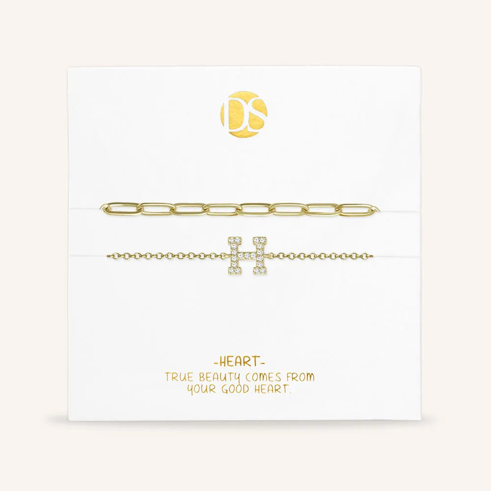 "My Own Sparkle" Set of Two Pave Initial & Clip Chain Layering Bracelets