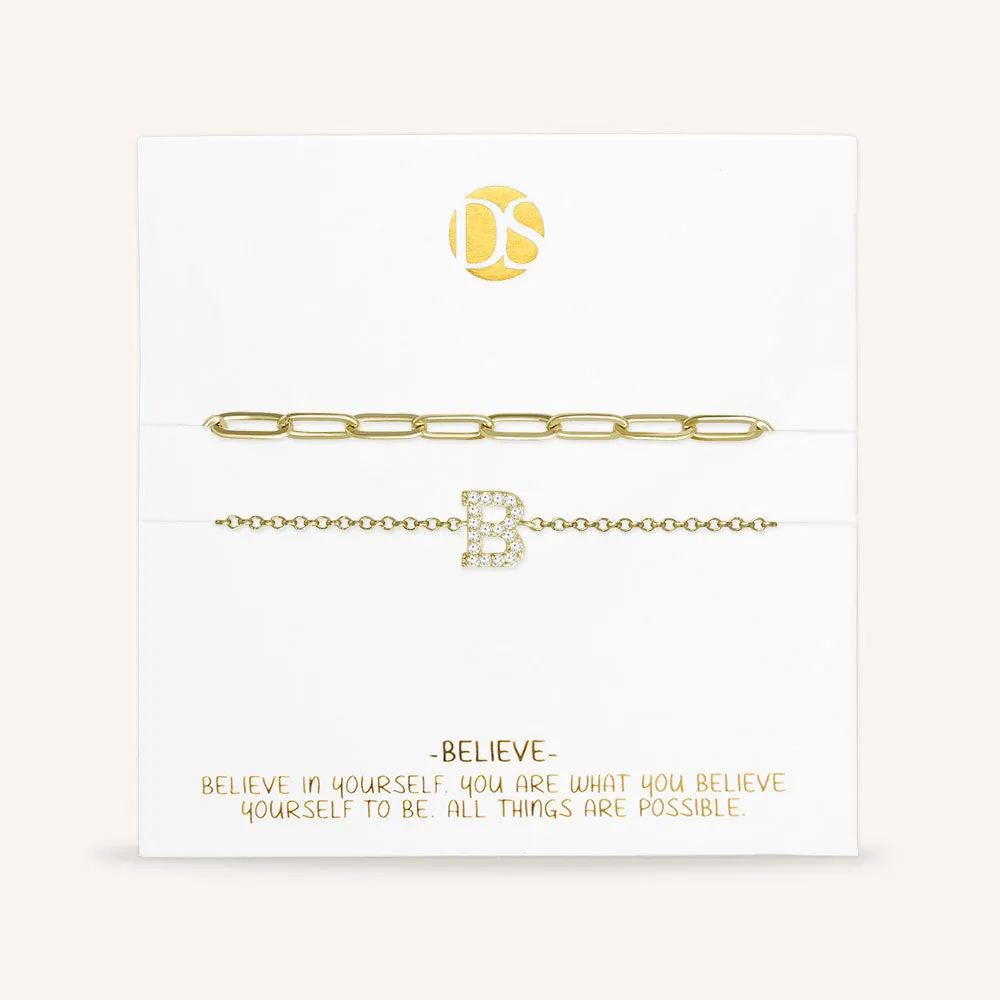 "My Own Sparkle" Set of Two Pave Initial & Clip Chain Layering Bracelets