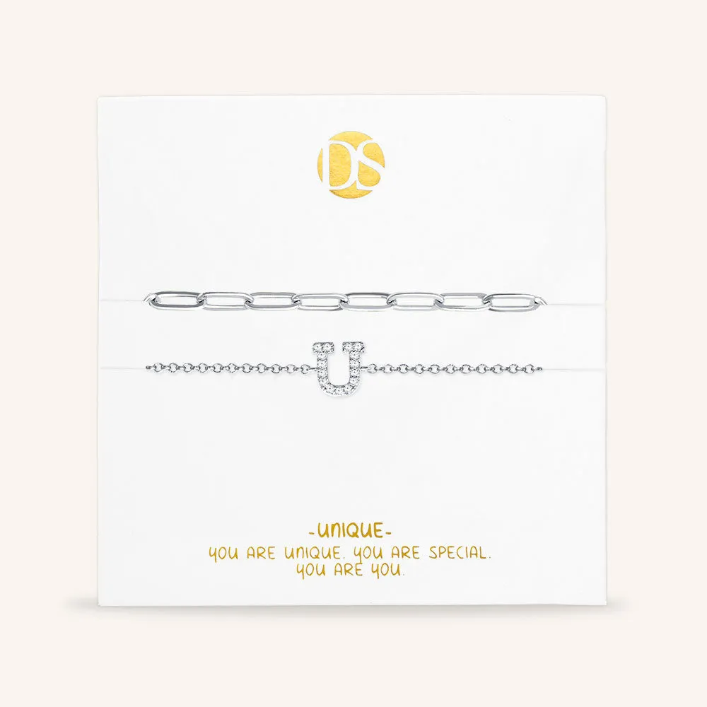 "My Own Sparkle" Set of Two Pave Initial & Clip Chain Layering Bracelets
