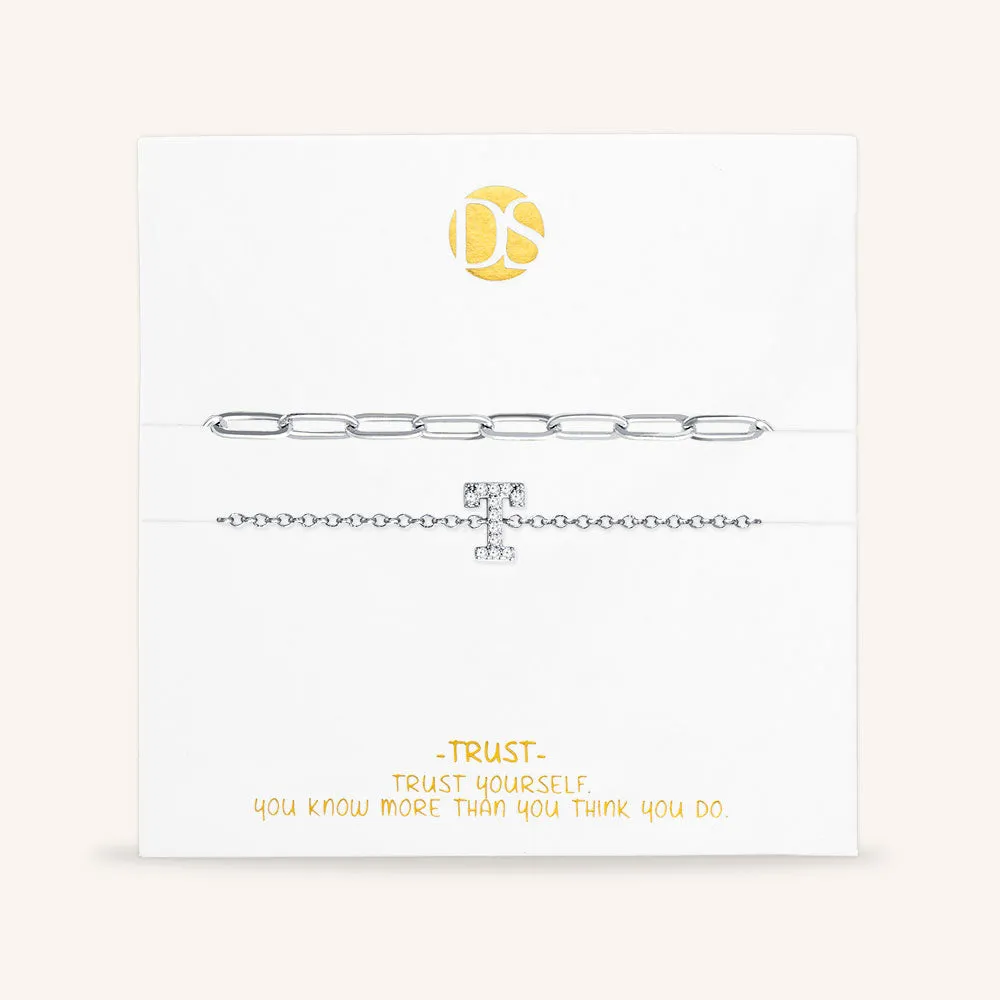 "My Own Sparkle" Set of Two Pave Initial & Clip Chain Layering Bracelets