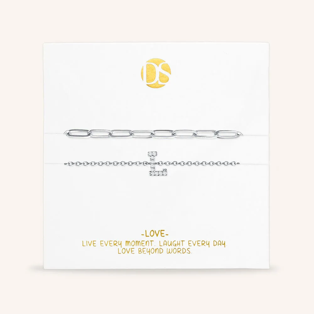 "My Own Sparkle" Set of Two Pave Initial & Clip Chain Layering Bracelets