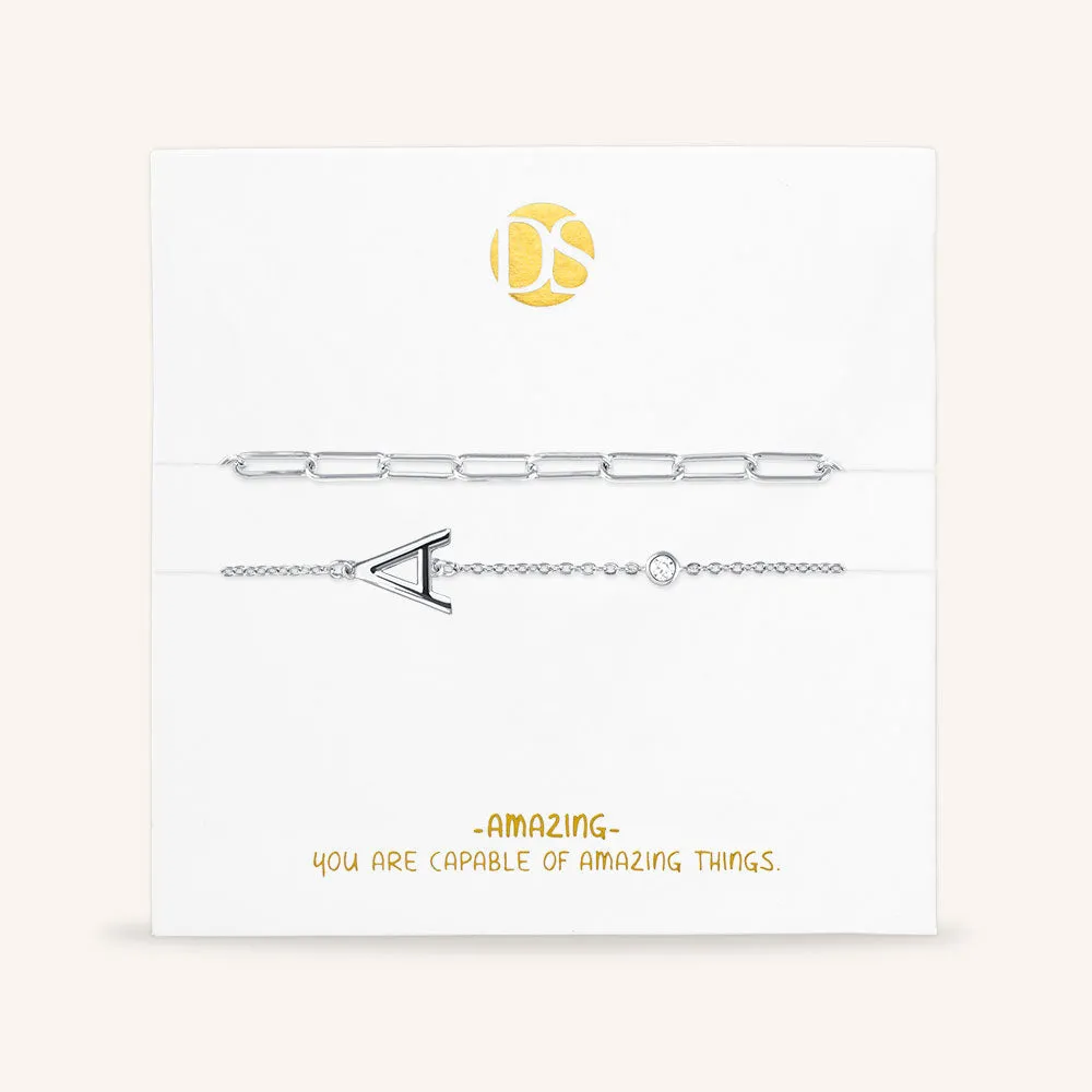 "Yours Truly" Set of Two Initial & Clip Chain Layering Bracelets