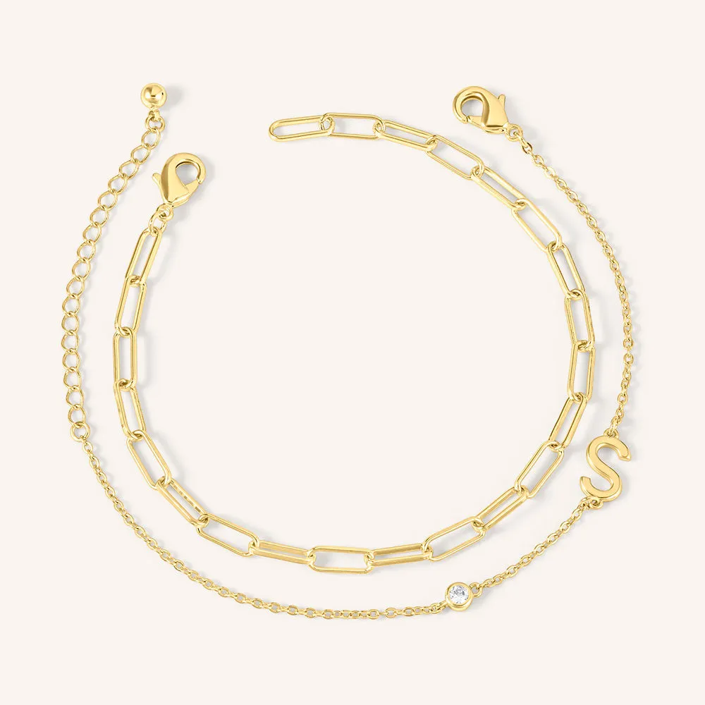 "Yours Truly" Set of Two Initial & Clip Chain Layering Bracelets