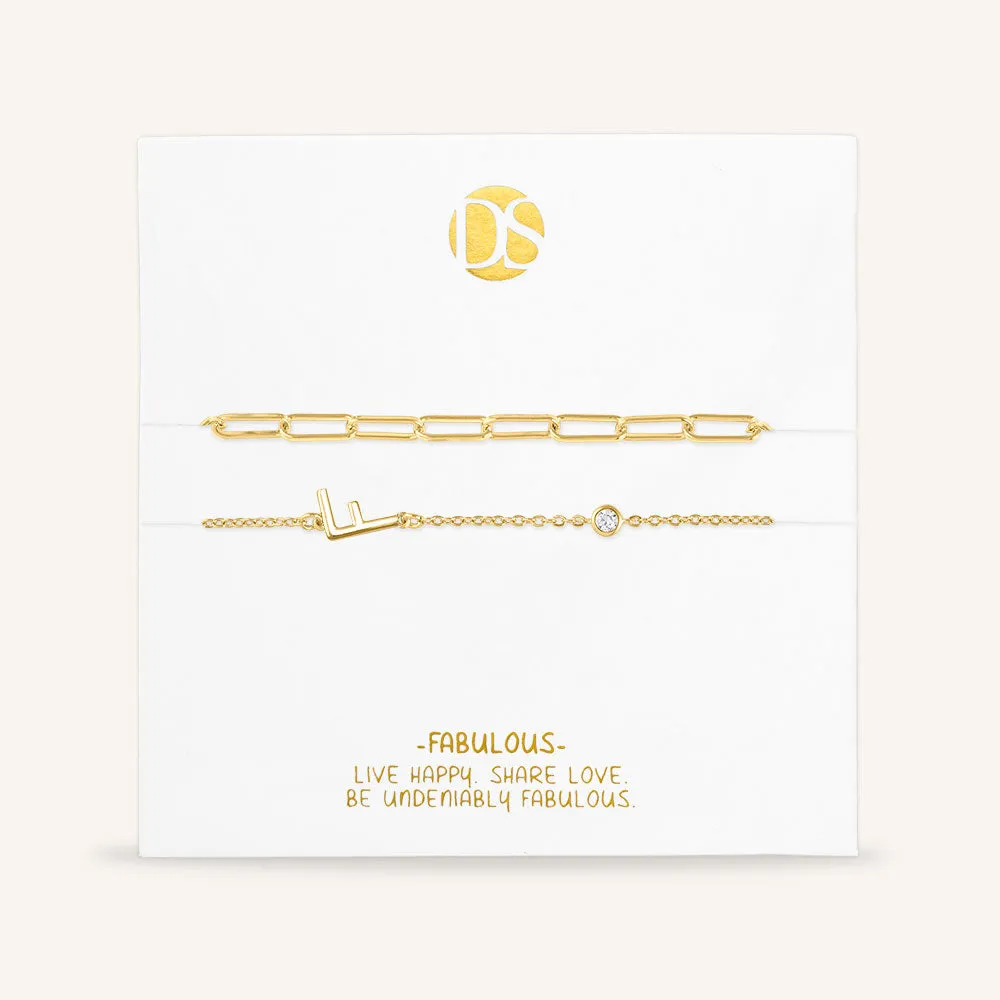 "Yours Truly" Set of Two Initial & Clip Chain Layering Bracelets
