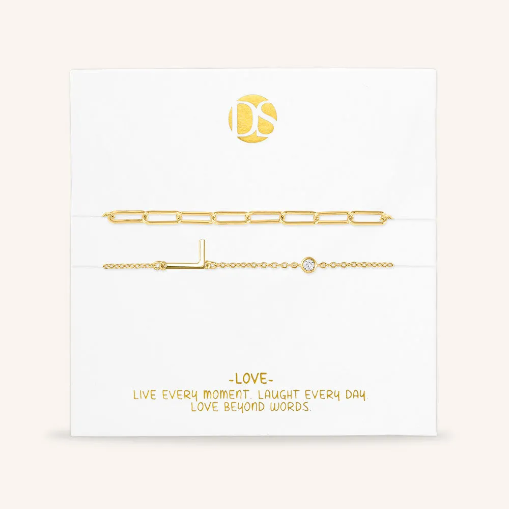 "Yours Truly" Set of Two Initial & Clip Chain Layering Bracelets