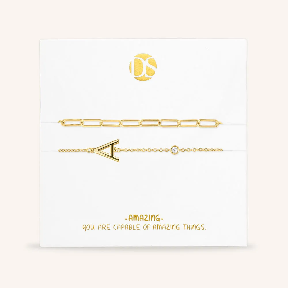 "Yours Truly" Set of Two Initial & Clip Chain Layering Bracelets