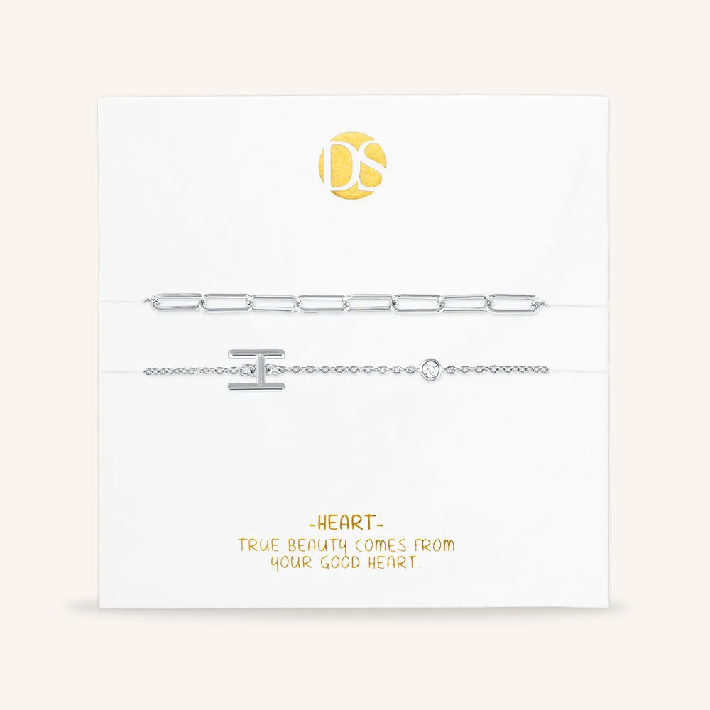 "Yours Truly" Set of Two Initial & Clip Chain Layering Bracelets
