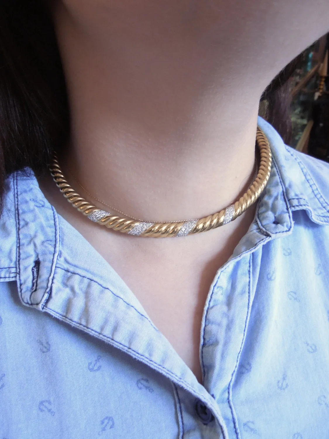Rigid 18K Yellow Gold and Diamond Rope Collar Necklace