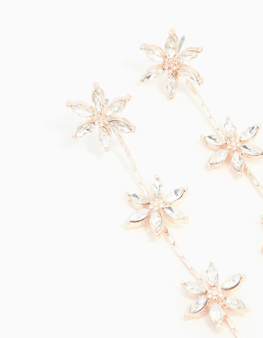 Rose Gold Diamante Flower Trail Drop Earrings