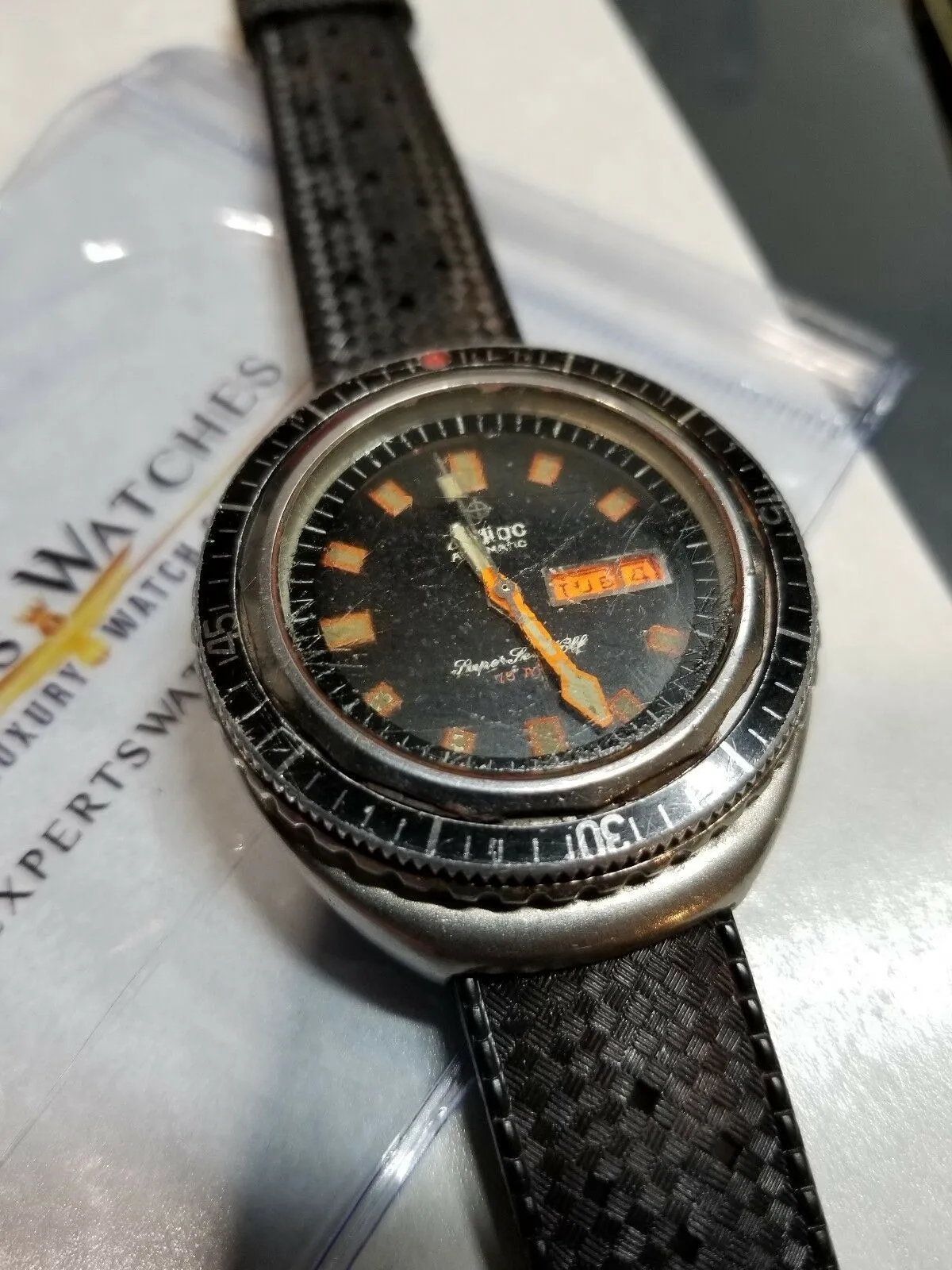 Serviced Vintage 1969's Zodiac Super Sea Wolf Diver Watch Day Date 862-836 HBEAT