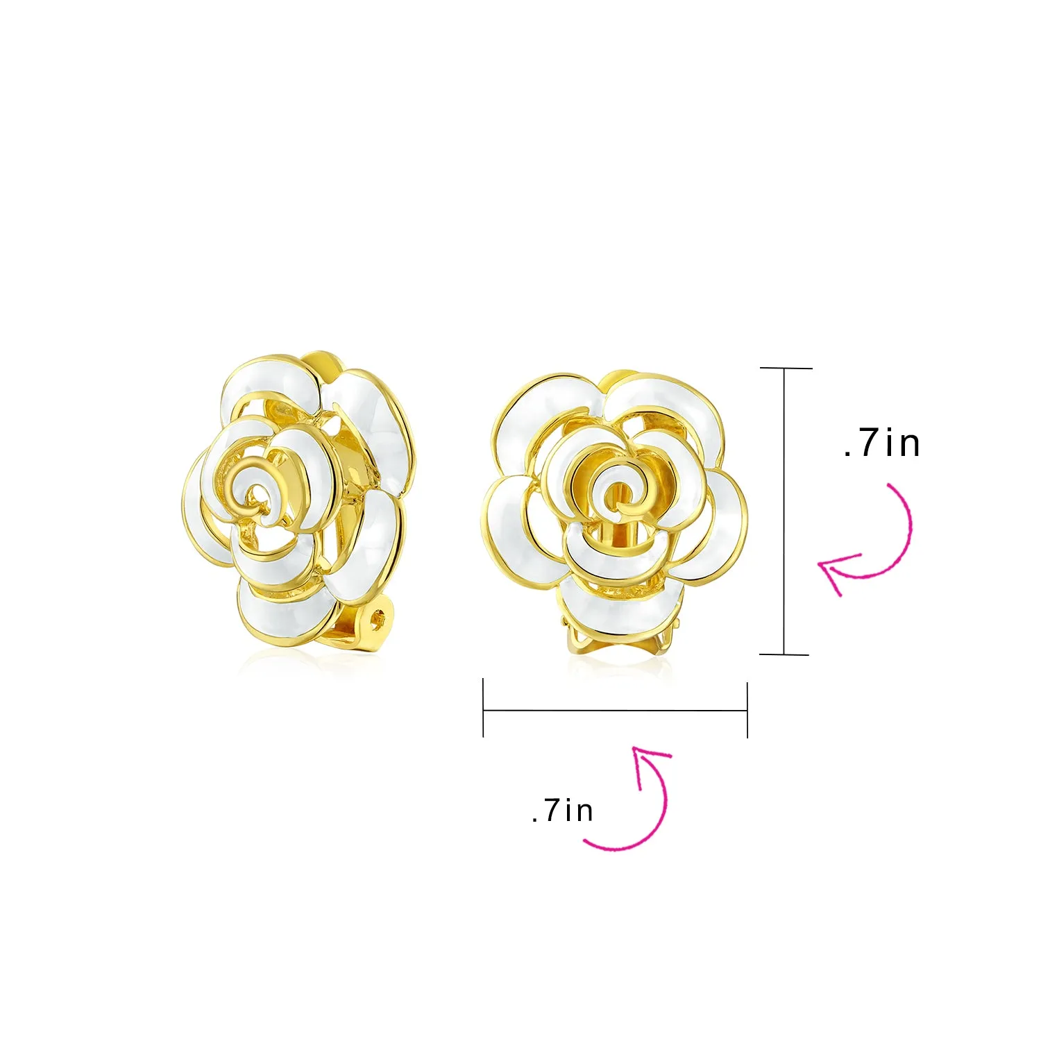 Set of 2 Enamel 3D White Blue Rose Flower Clip-On Earrings Gold Silver Plated