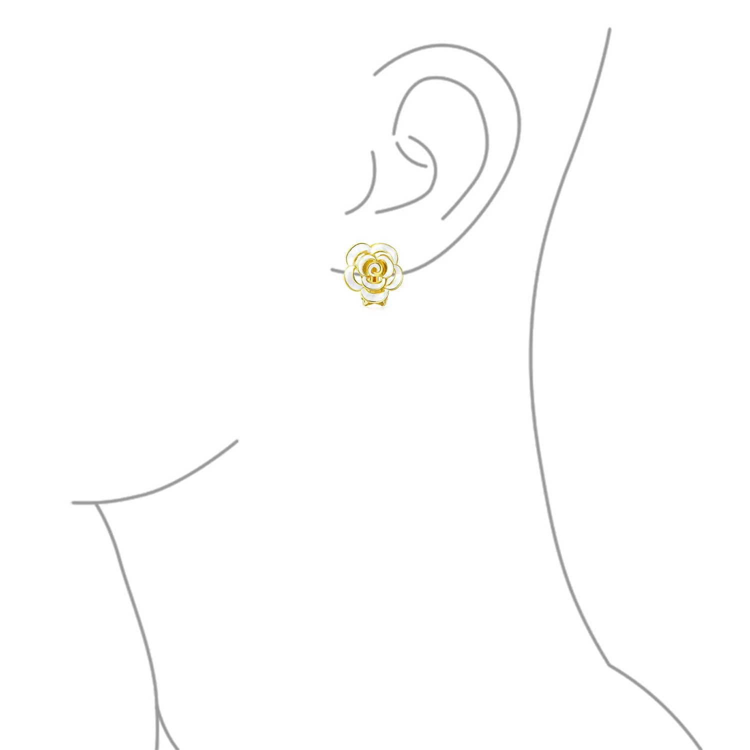 Set of 2 Enamel 3D White Blue Rose Flower Clip-On Earrings Gold Silver Plated