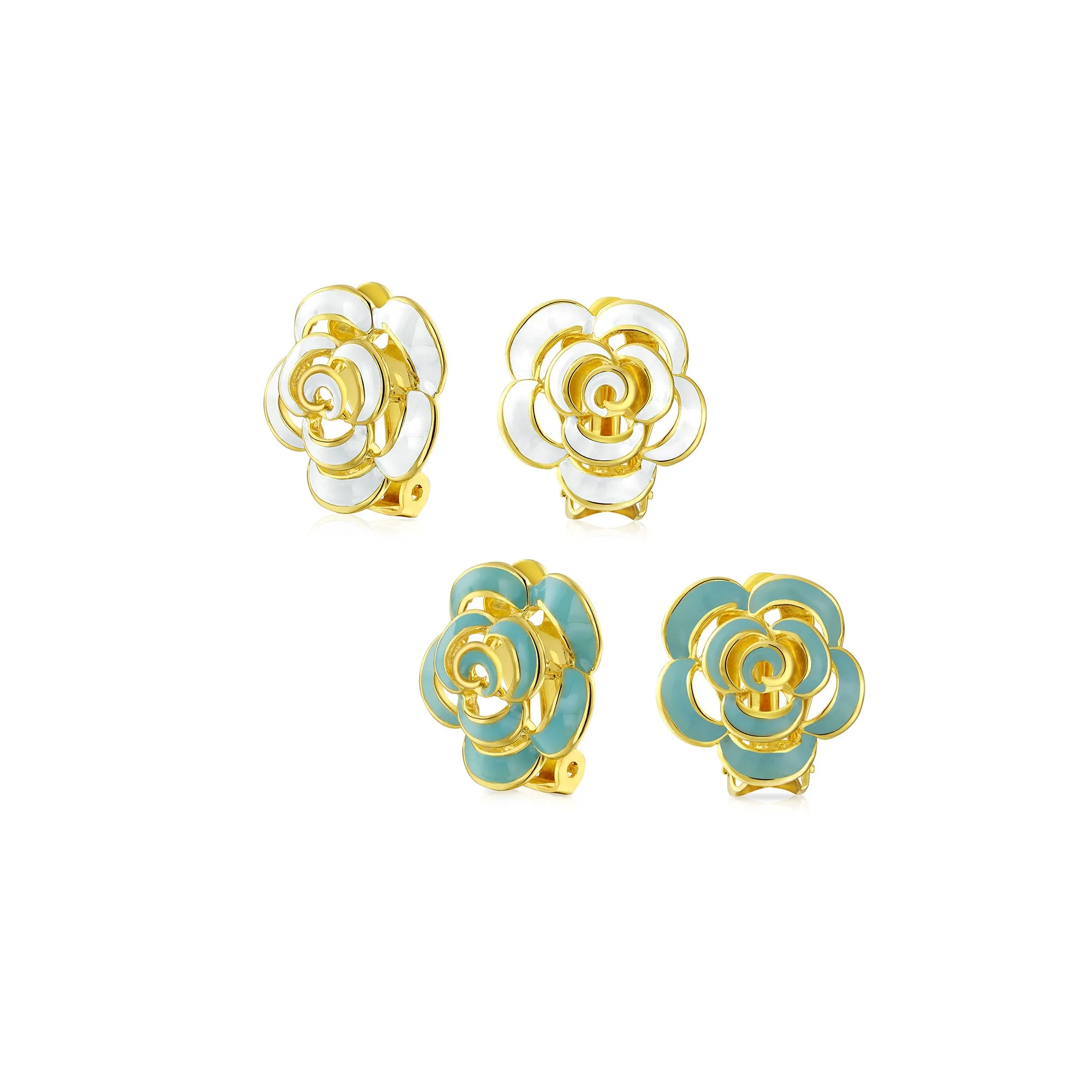 Set of 2 Enamel 3D White Blue Rose Flower Clip-On Earrings Gold Silver Plated