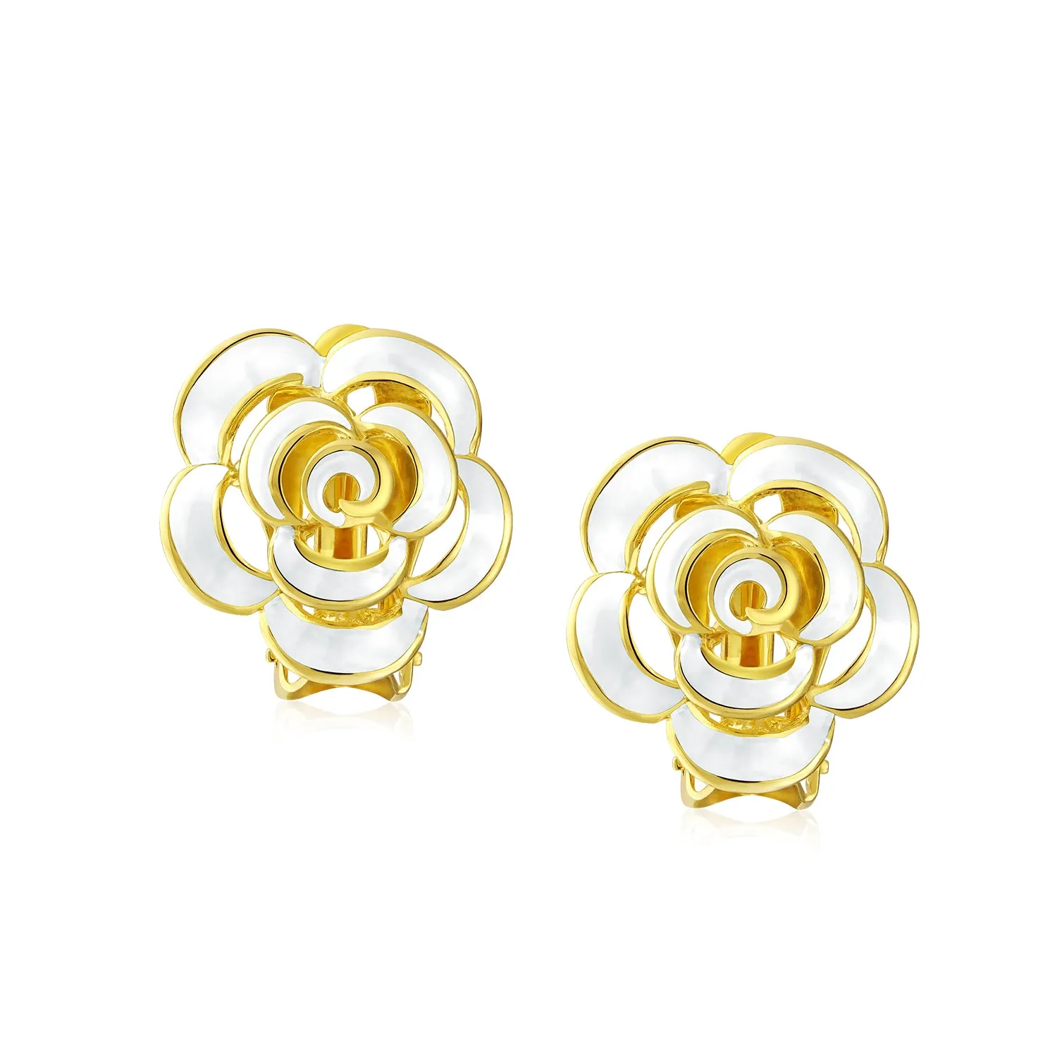 Set of 2 Enamel 3D White Blue Rose Flower Clip-On Earrings Gold Silver Plated
