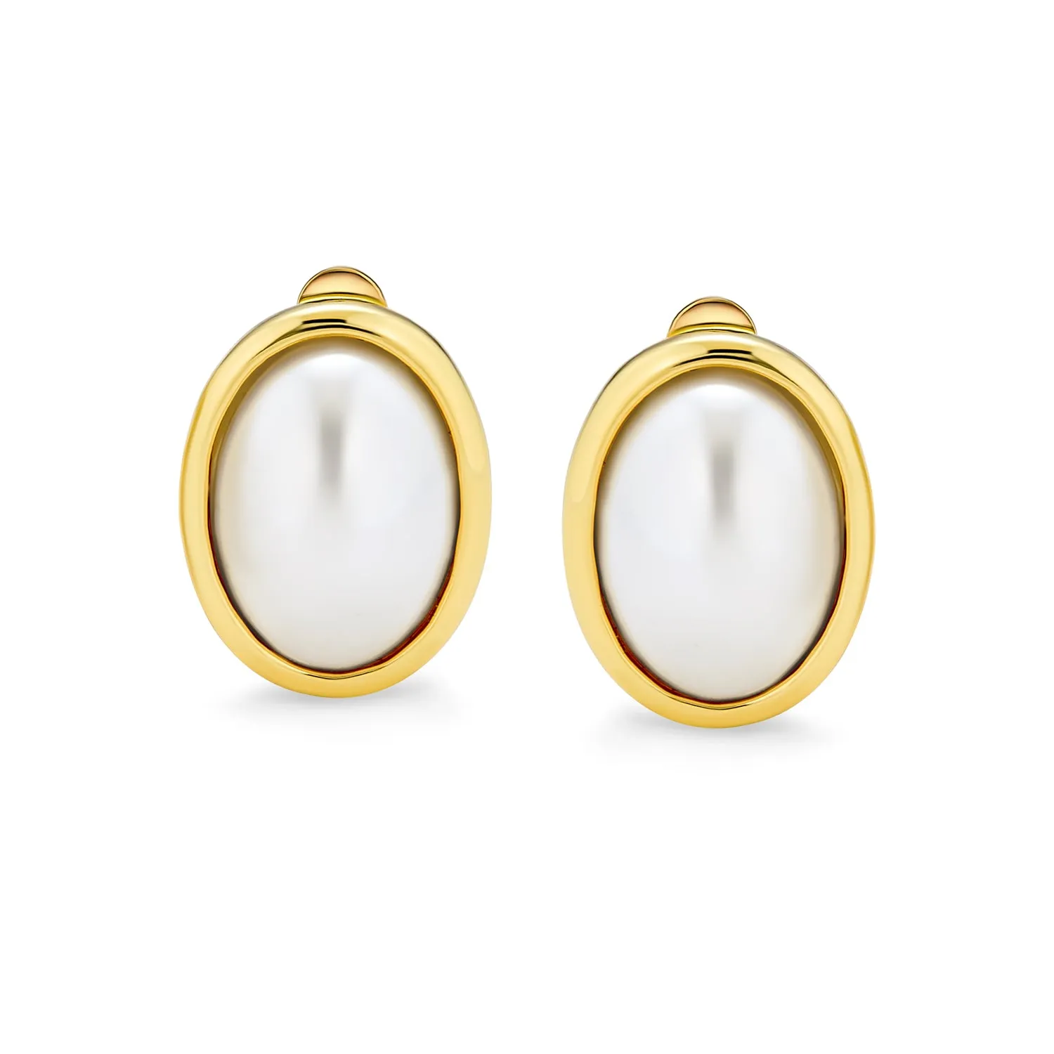 Set of 2 Simple White Pearl Cabochon Oval Clip-On Earrings Silver Gold Plated