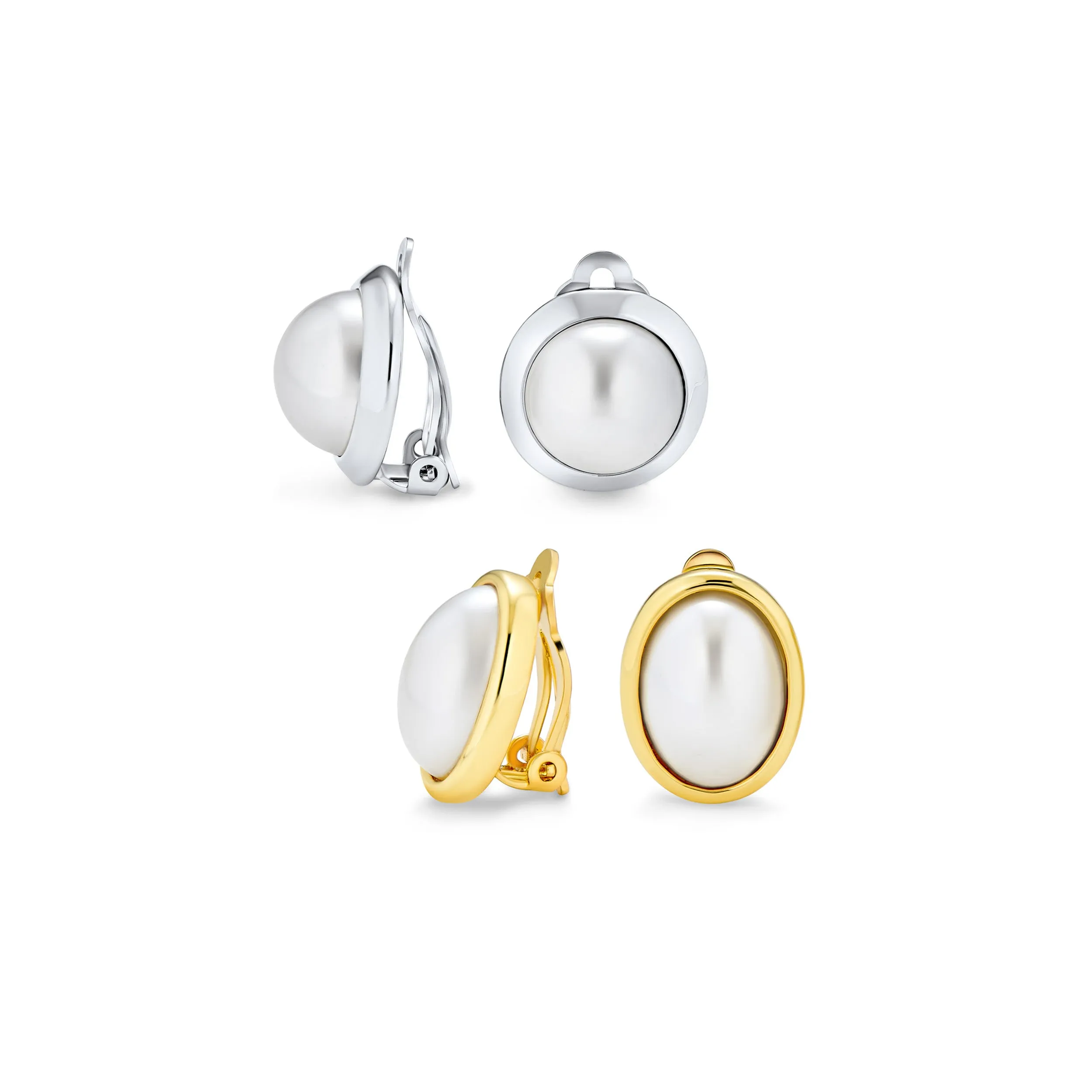 Set of 2 Simple White Pearl Cabochon Oval Clip-On Earrings Silver Gold Plated