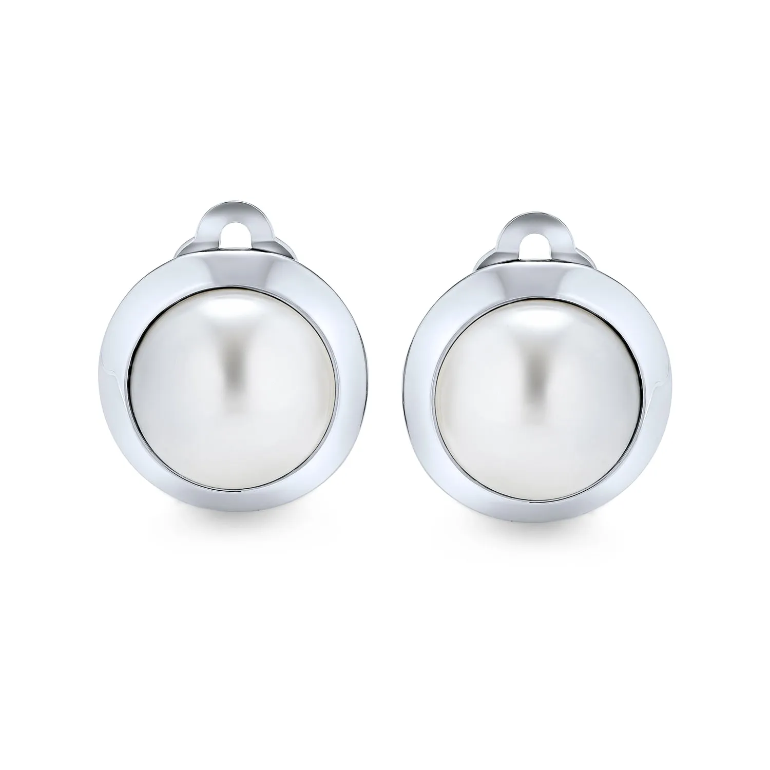 Set of 2 Simple White Pearl Cabochon Oval Clip-On Earrings Silver Gold Plated