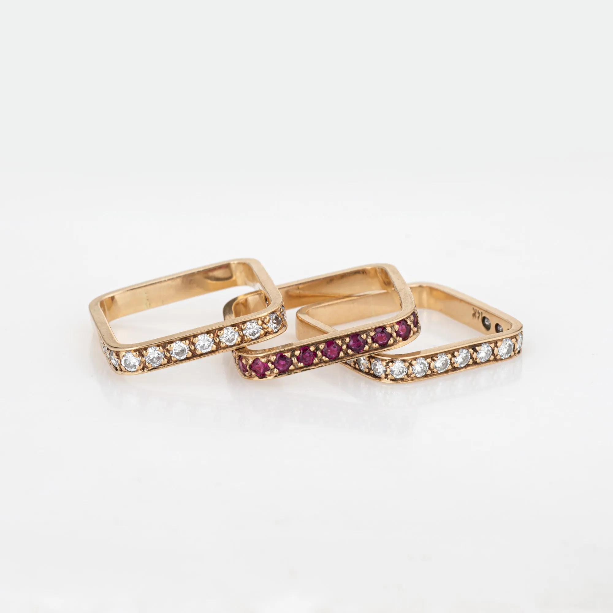 Set of 3 Square Stacking Rings 6.5 Estate 14k Yellow Gold Diamond Ruby Jewelry