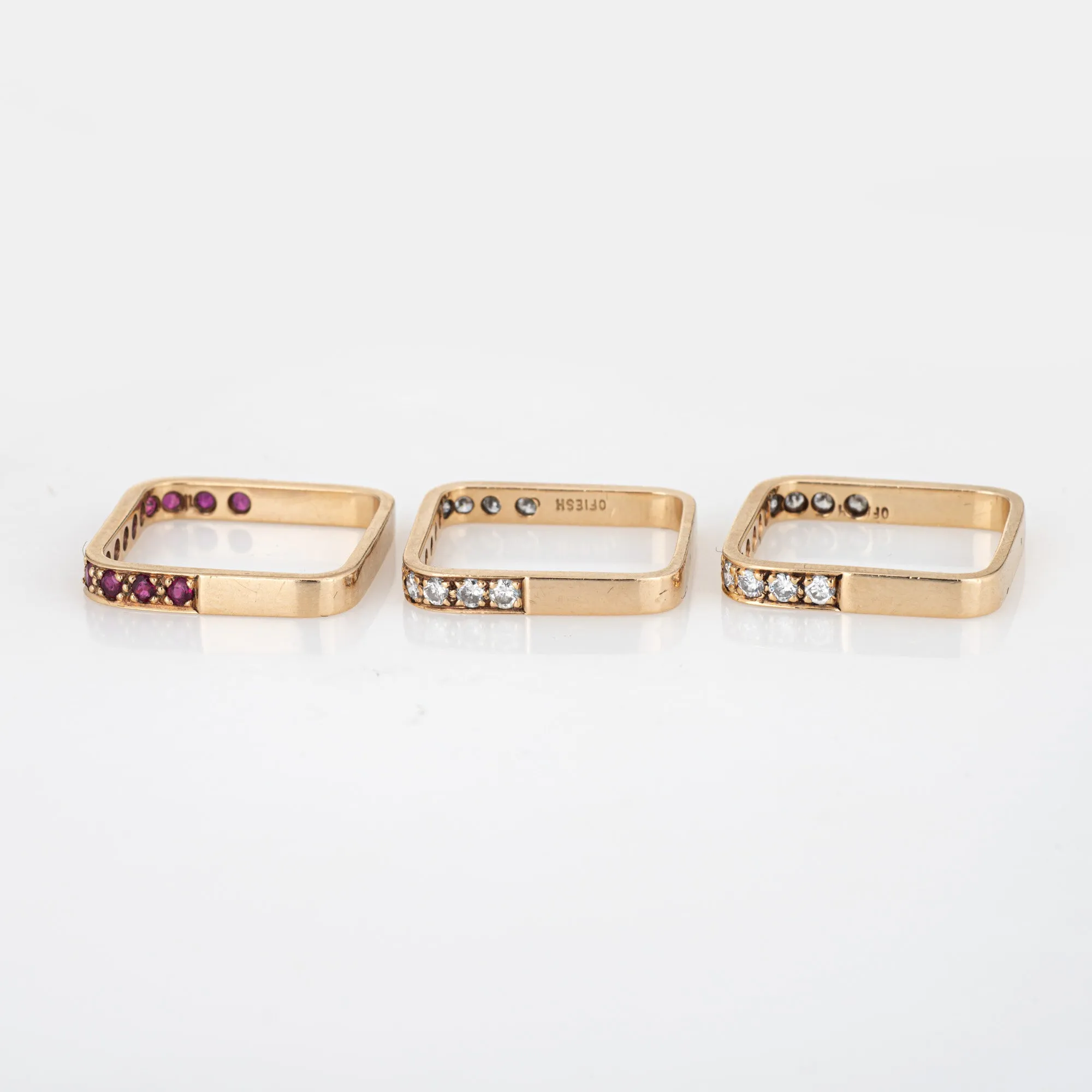 Set of 3 Square Stacking Rings 6.5 Estate 14k Yellow Gold Diamond Ruby Jewelry