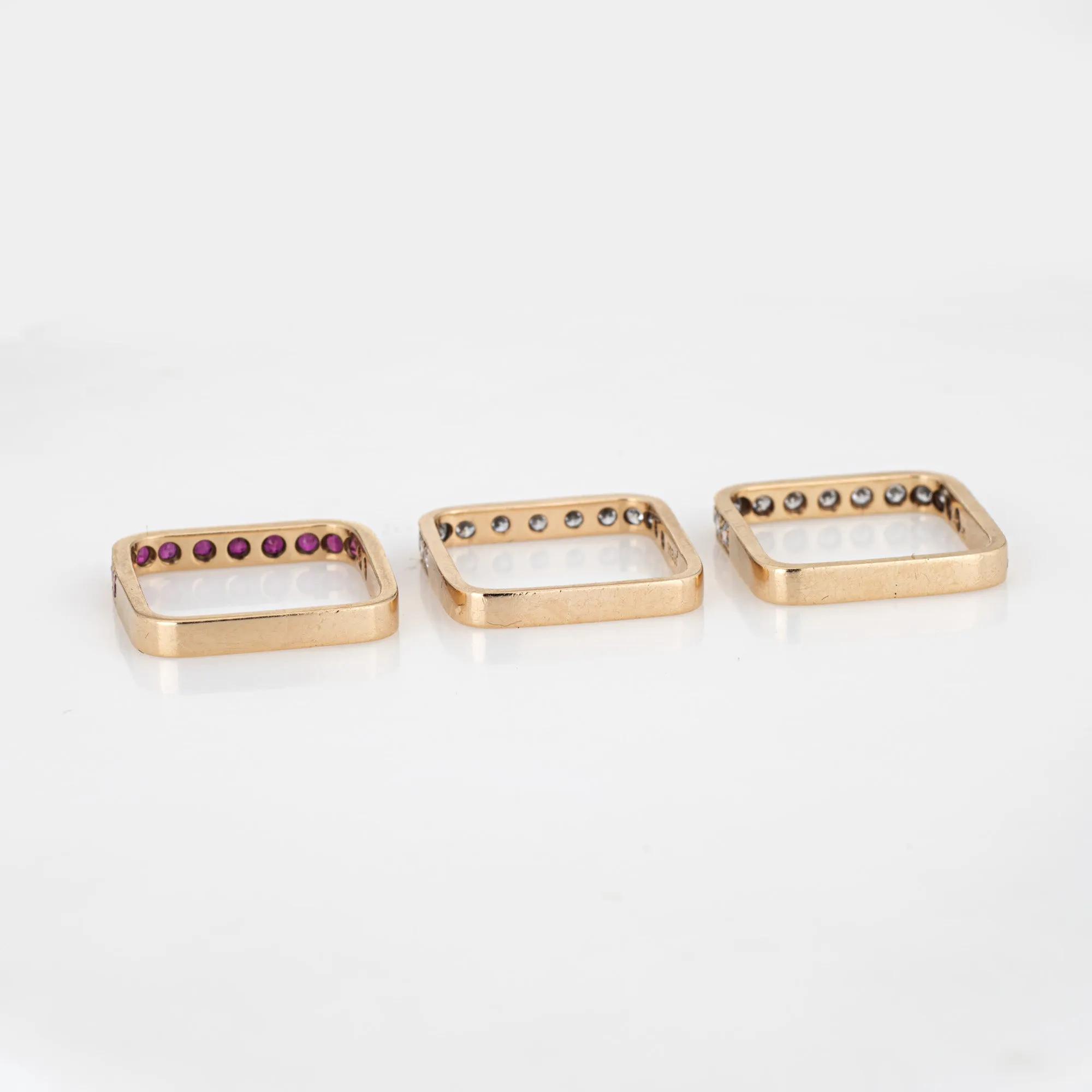 Set of 3 Square Stacking Rings 6.5 Estate 14k Yellow Gold Diamond Ruby Jewelry