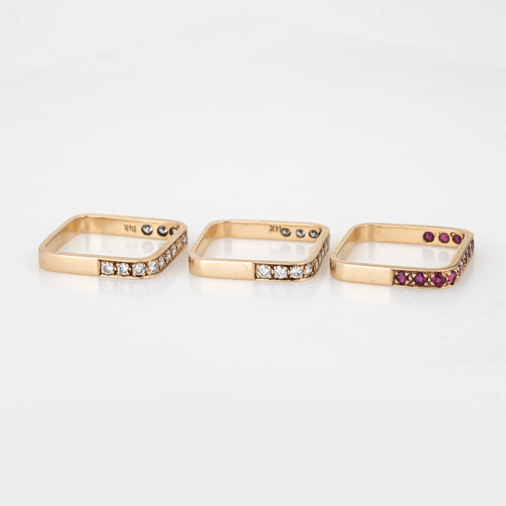 Set of 3 Square Stacking Rings 6.5 Estate 14k Yellow Gold Diamond Ruby Jewelry