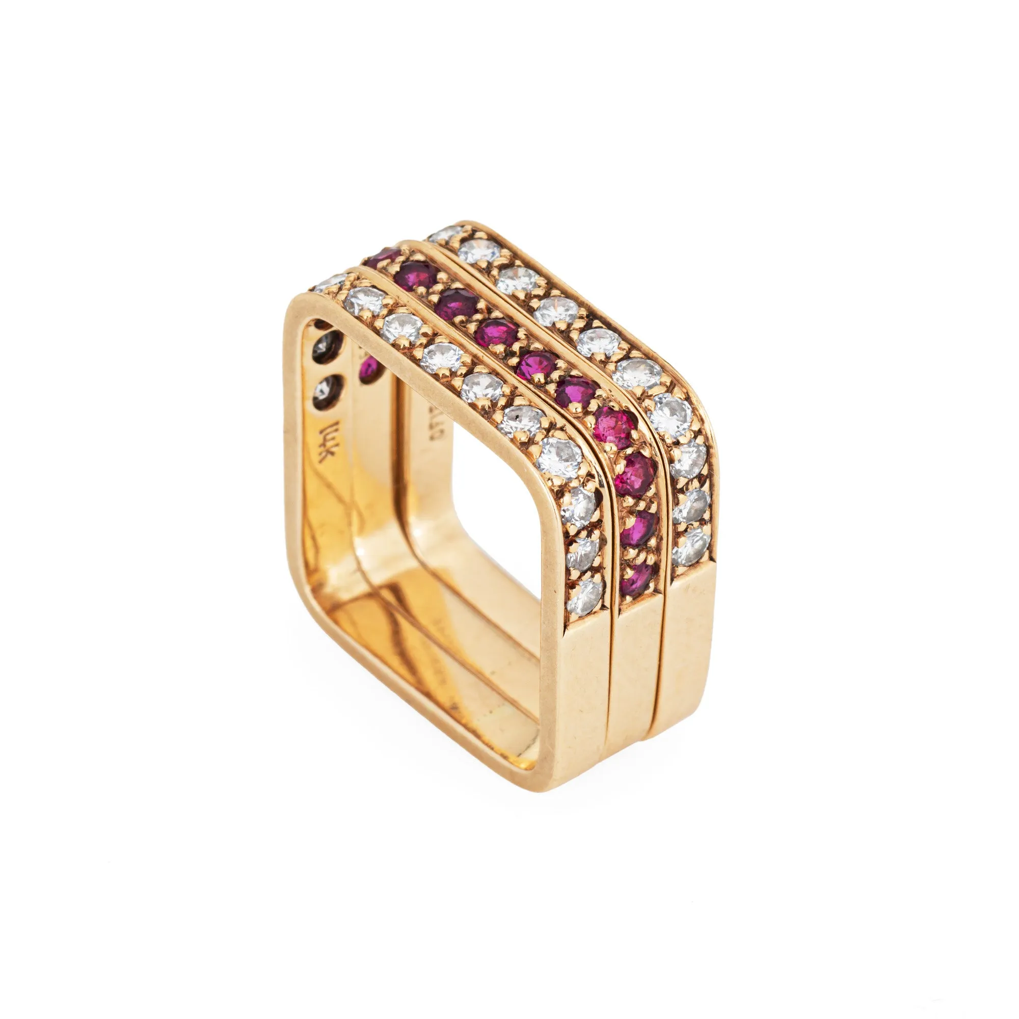 Set of 3 Square Stacking Rings 6.5 Estate 14k Yellow Gold Diamond Ruby Jewelry