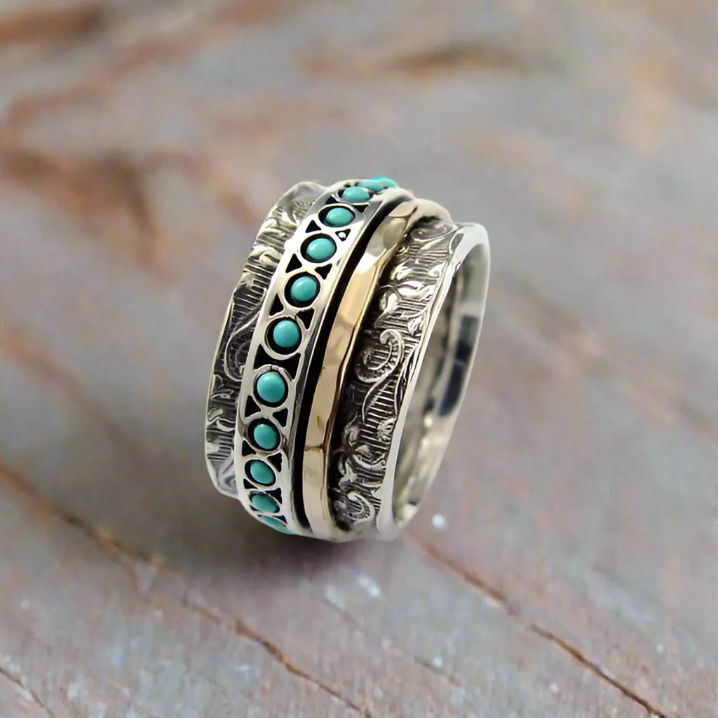 Silver and Gold Stacking Spinner and Turquoise Ring - Edge of the World.