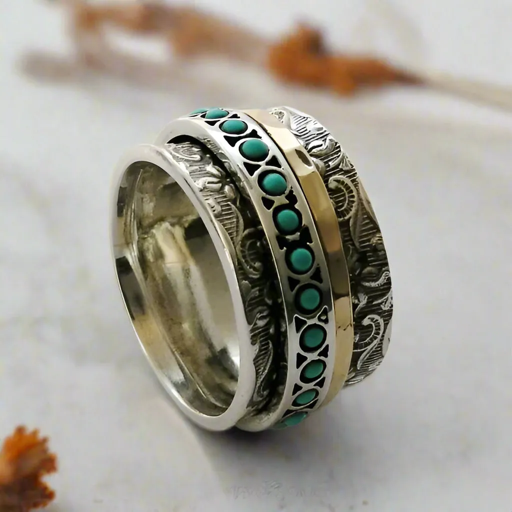 Silver and Gold Stacking Spinner and Turquoise Ring - Edge of the World.