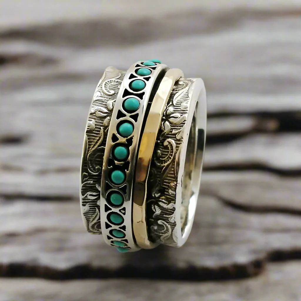 Silver and Gold Stacking Spinner and Turquoise Ring - Edge of the World.