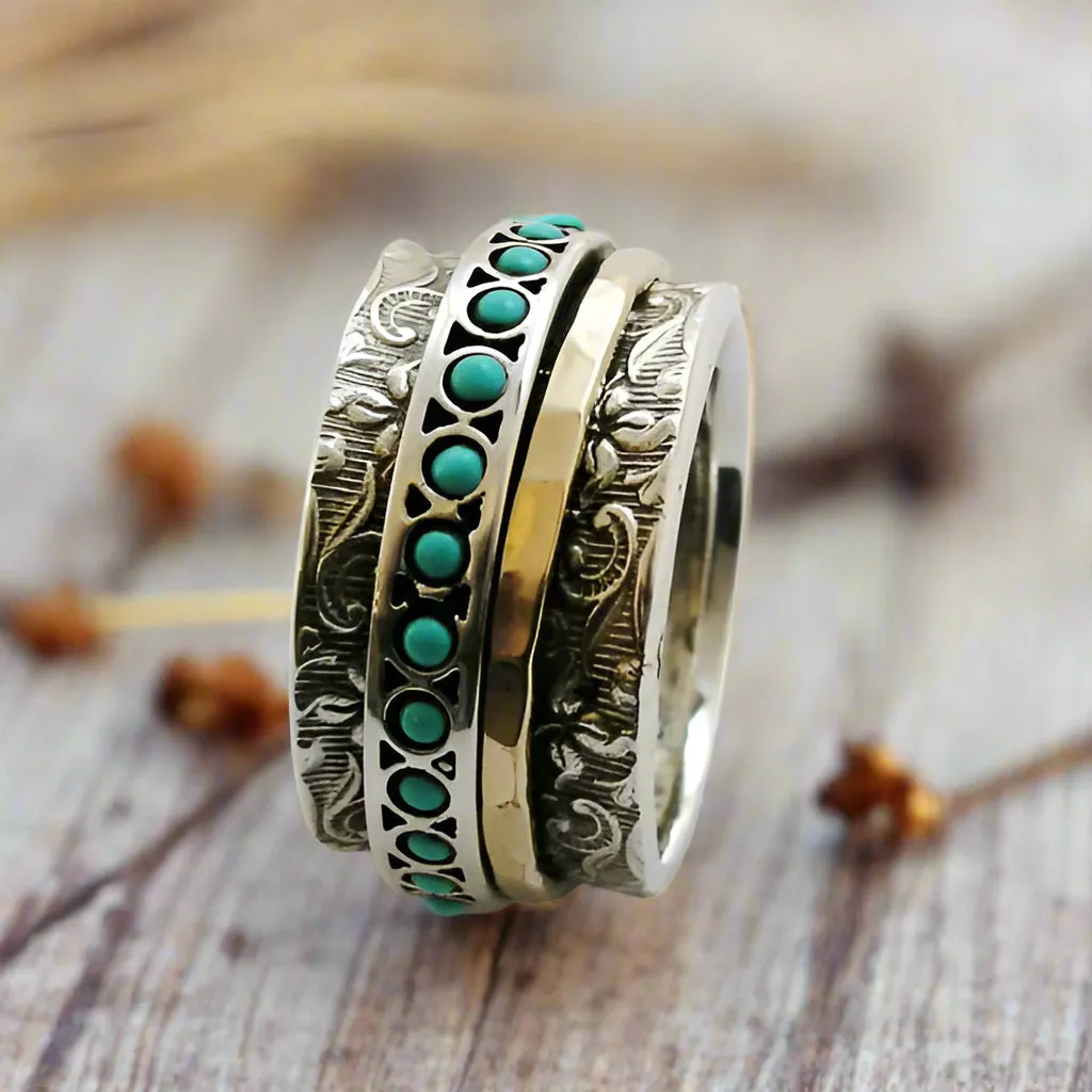 Silver and Gold Stacking Spinner and Turquoise Ring - Edge of the World.