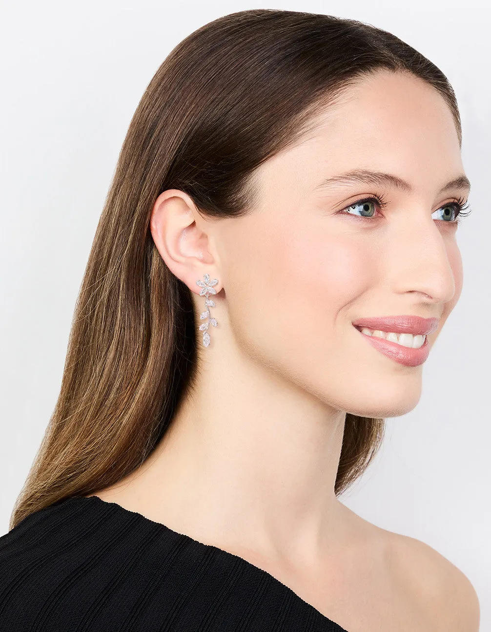 Silver Cubic Zirconia Flower Trail Drop Earrings