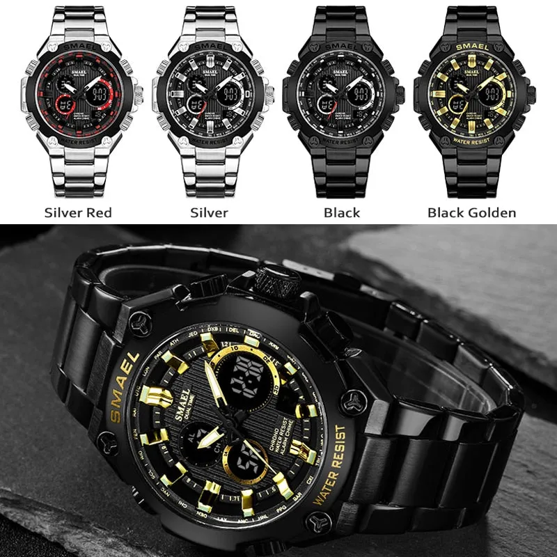 SMAEL Brand Men Military Sport Watches Mens LED Analog Digital Watch Male Army Stainless Steel Quartz Clock Relogio Masculino
