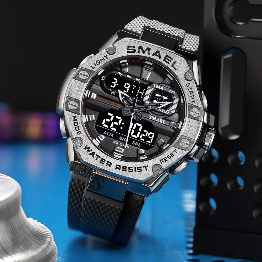 SMAEL Creative Sport Watch Dual Time Led Light Student Watches Alarm 8066 Fashion Stopwatch Military  Wristwatch