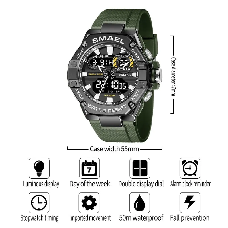 SMAEL Creative Sport Watch Dual Time Led Light Student Watches Alarm 8066 Fashion Stopwatch Military  Wristwatch