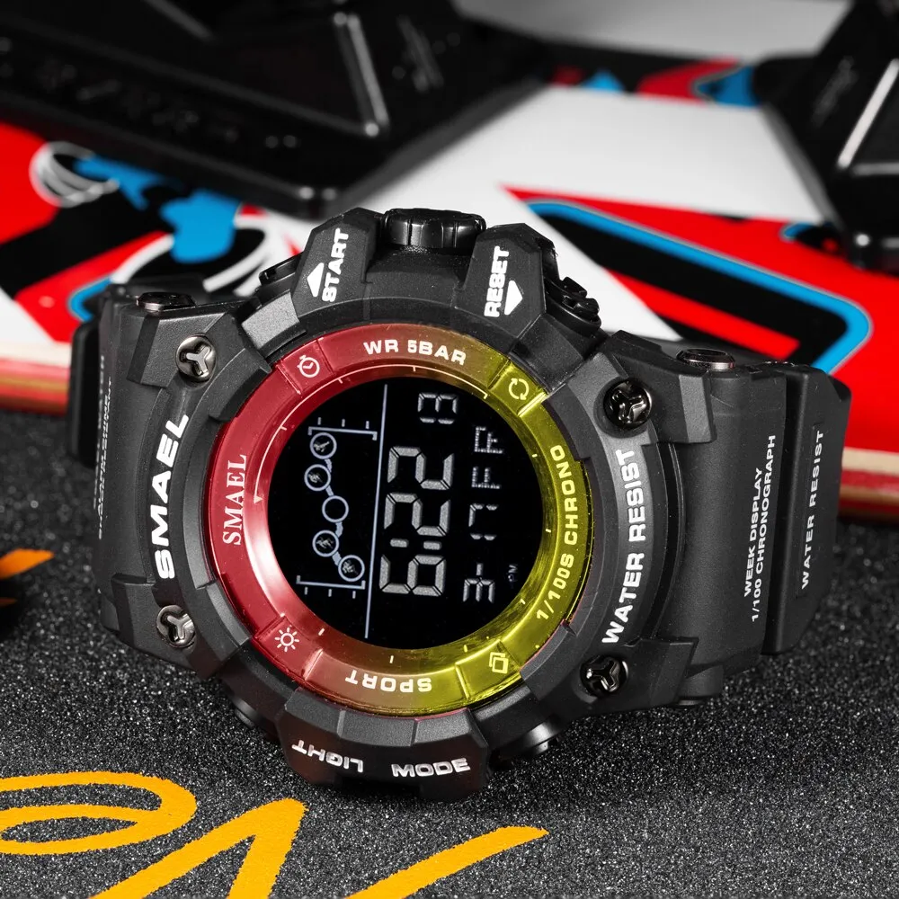 SMAEL Digital Watch Mens Alarm Clock Count Down Military Big Dial LED Electronic Fashion Wristwatch Casual Sport Watches for Man