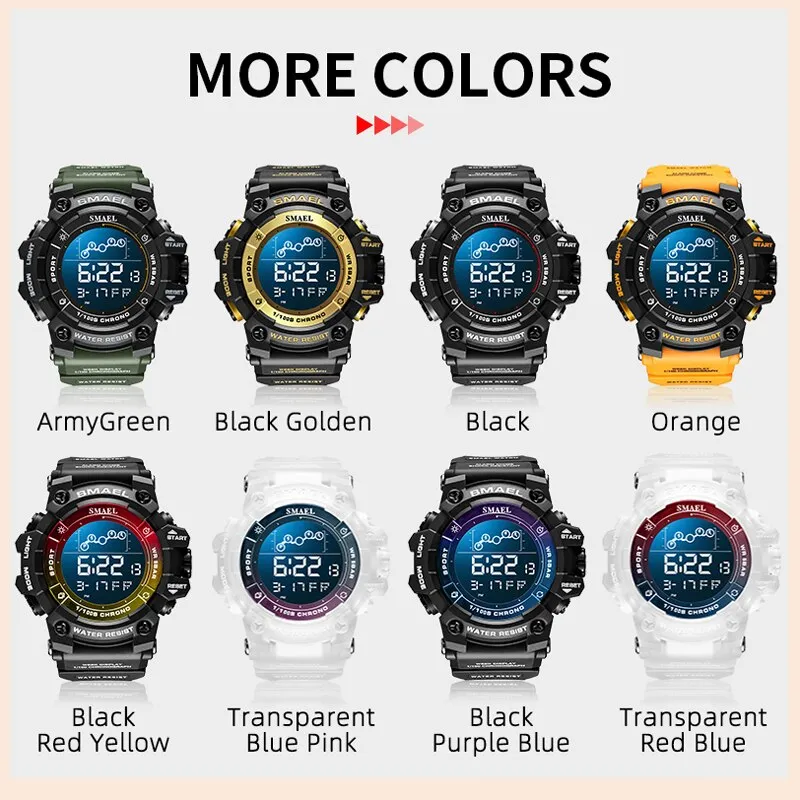SMAEL Digital Watch Mens Alarm Clock Count Down Military Big Dial LED Electronic Fashion Wristwatch Casual Sport Watches for Man