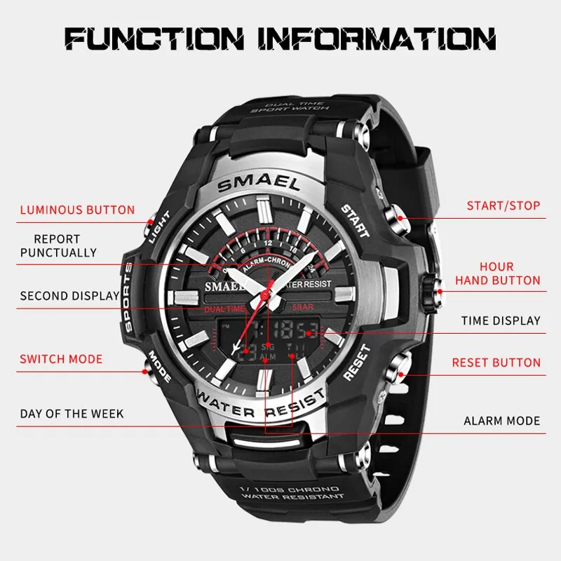 SMAEL Dual Display Wrist Watch Men Military Army Sport Waterproof Wristwatch Male Watches For Men Quartz Clock Outdoor Hour