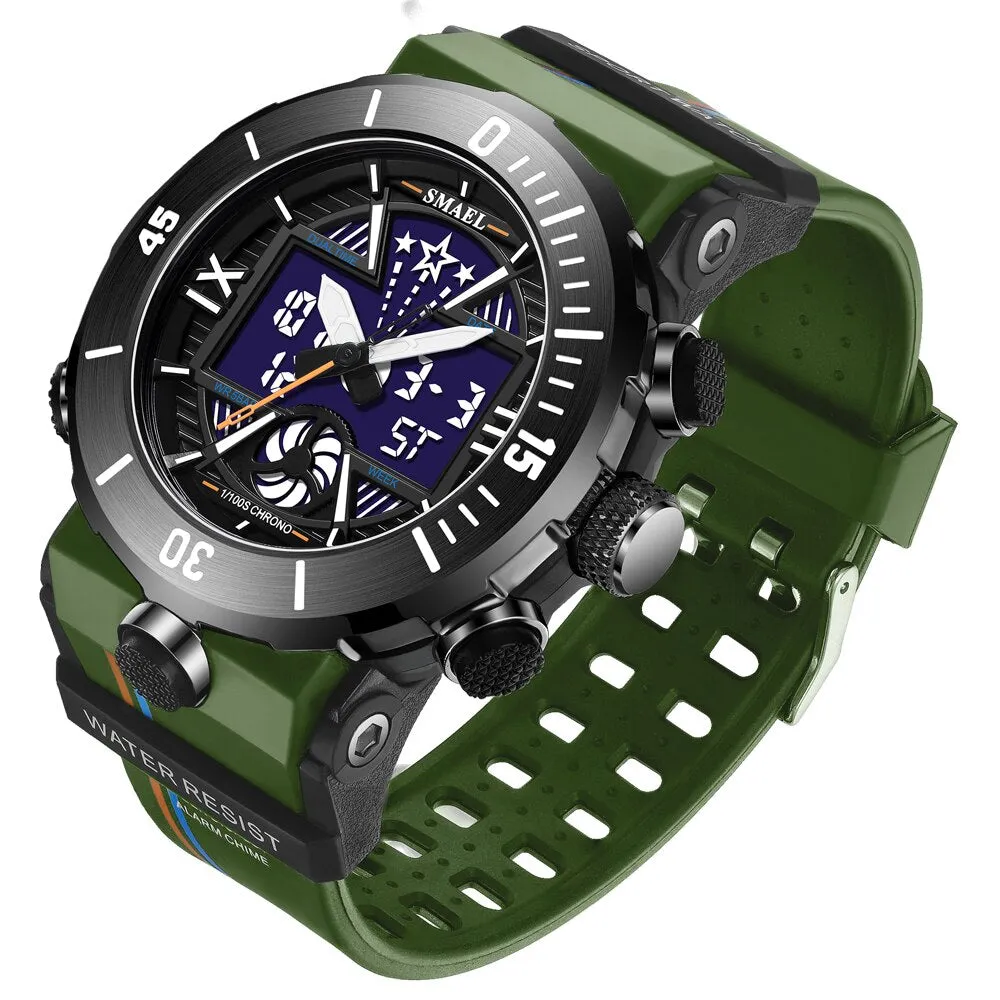 SMAEL Sport Watch Men Fashion Dual Display Alarm Blue Back Light  Waterproof Military Chrono Multiple Time Zone Male Watches