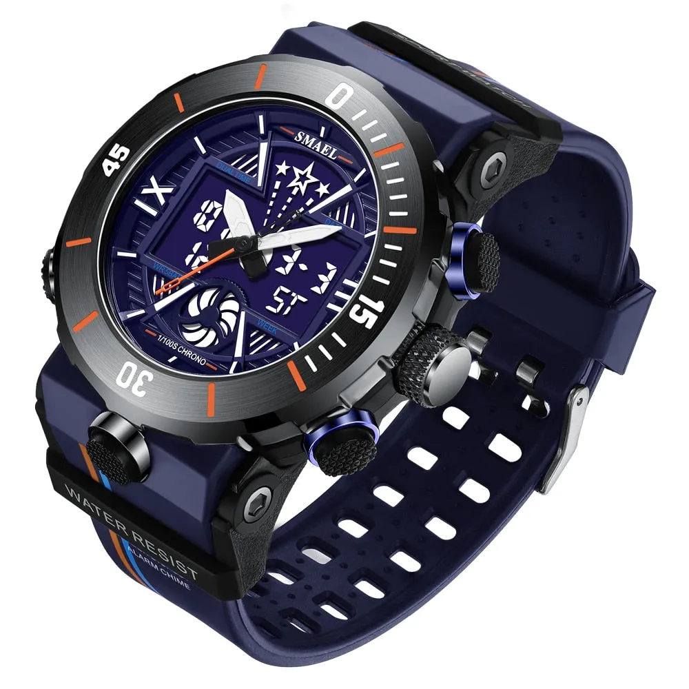 SMAEL Sport Watch Men Fashion Dual Display Alarm Blue Back Light  Waterproof Military Chrono Multiple Time Zone Male Watches