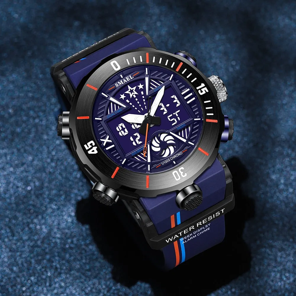 SMAEL Sport Watch Men Fashion Dual Display Alarm Blue Back Light  Waterproof Military Chrono Multiple Time Zone Male Watches