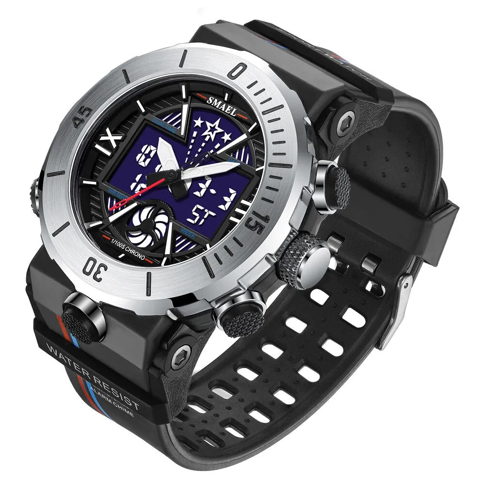 SMAEL Sport Watch Men Fashion Dual Display Alarm Blue Back Light  Waterproof Military Chrono Multiple Time Zone Male Watches