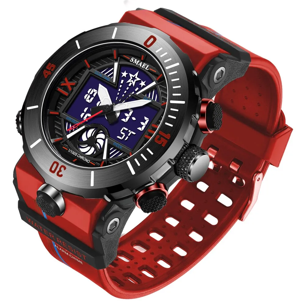SMAEL Sport Watch Men Fashion Dual Display Alarm Blue Back Light  Waterproof Military Chrono Multiple Time Zone Male Watches