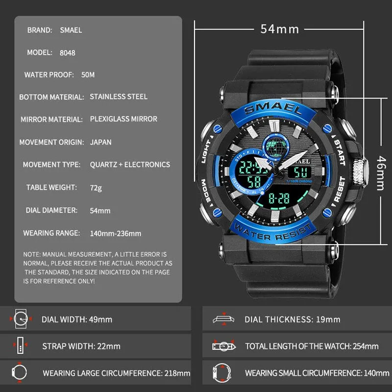 SMAEL Sport Watches for Men Dual Time Digital Quartz Wristwatch Waterproof Military Male Shock Wristwatches Man Electronic Clock