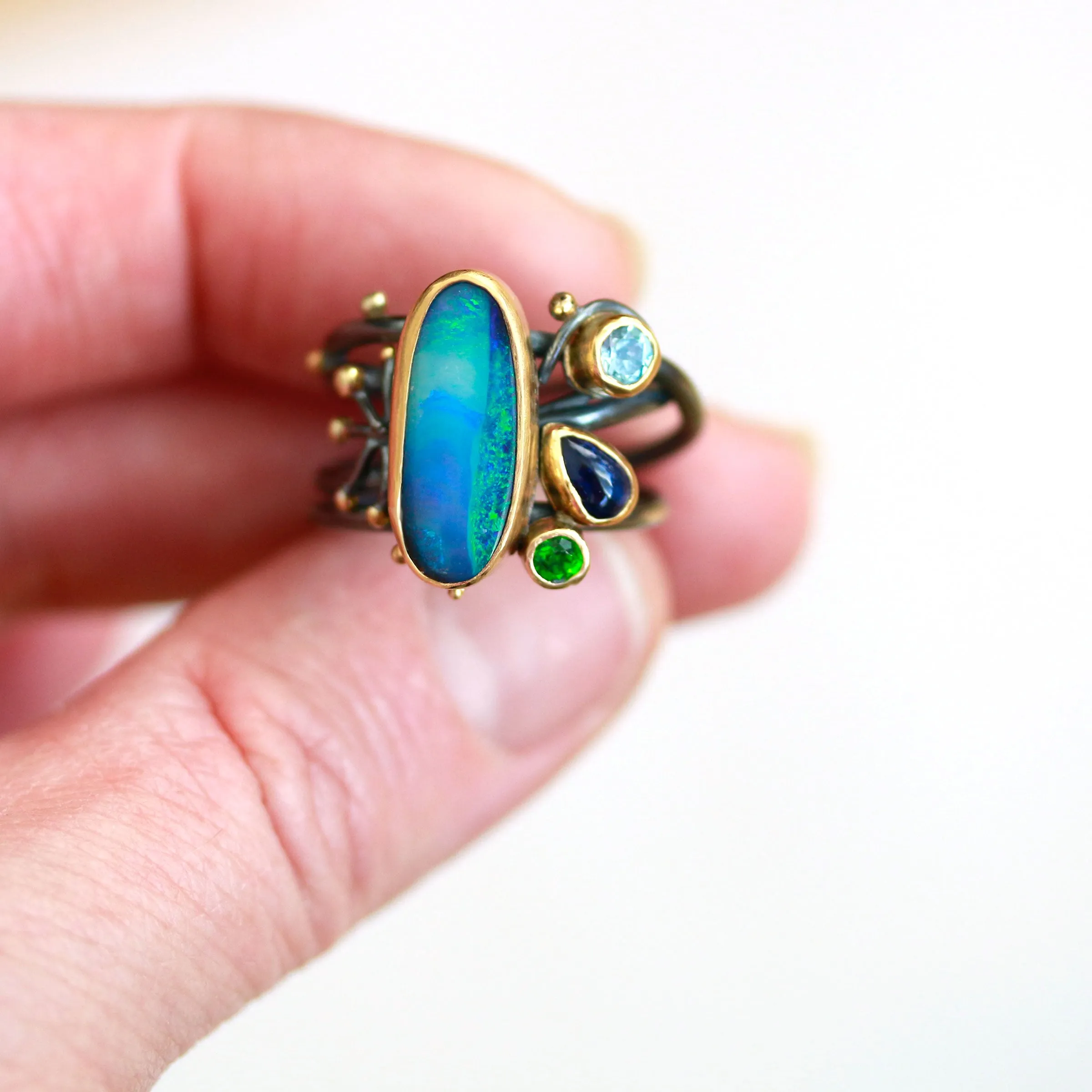 SOLD Blue Green Boulder Opal Tangled Vines Ring with Kyanite, Tsavorite Garnet and Swiss Blue Topaz. Size 7 1/2.