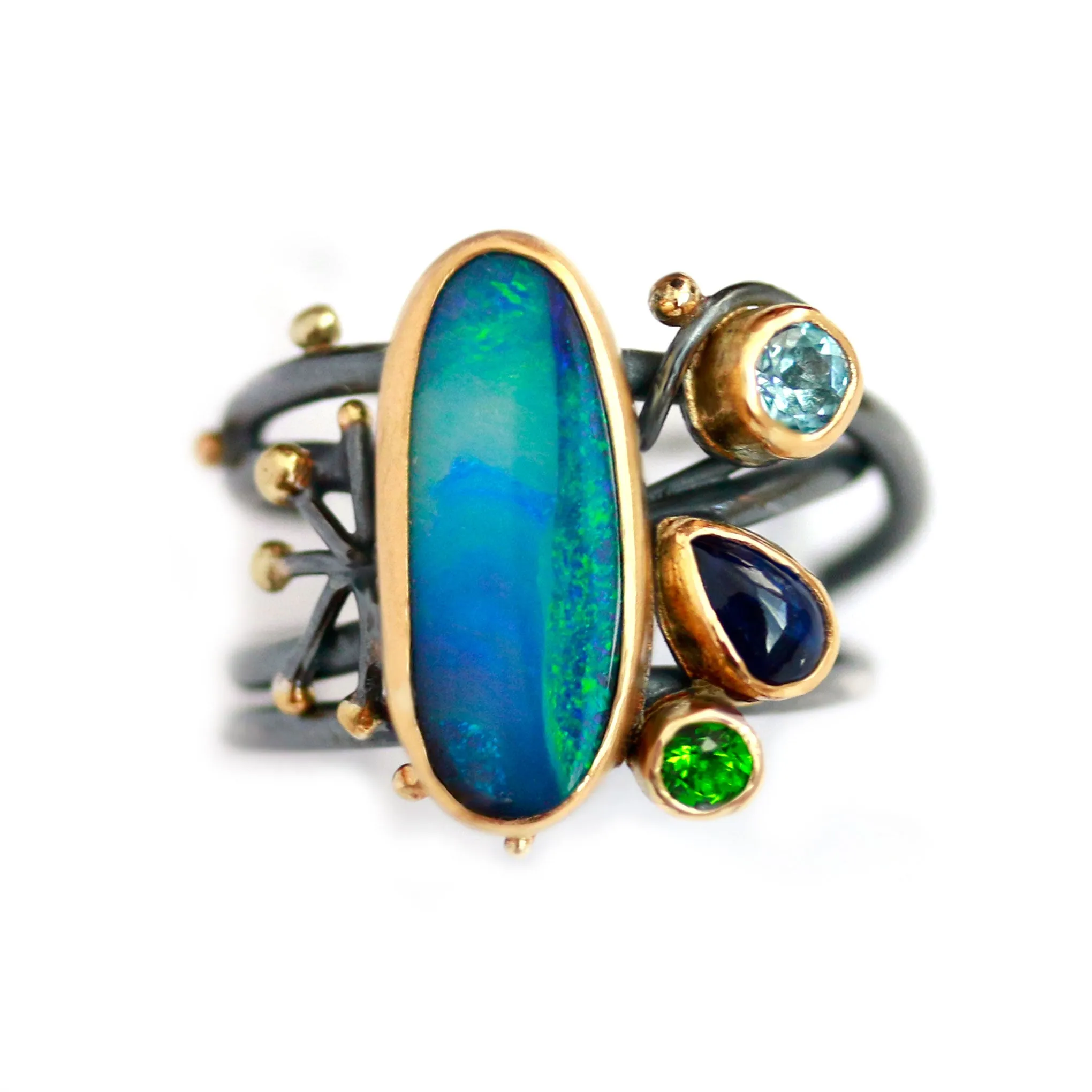 SOLD Blue Green Boulder Opal Tangled Vines Ring with Kyanite, Tsavorite Garnet and Swiss Blue Topaz. Size 7 1/2.