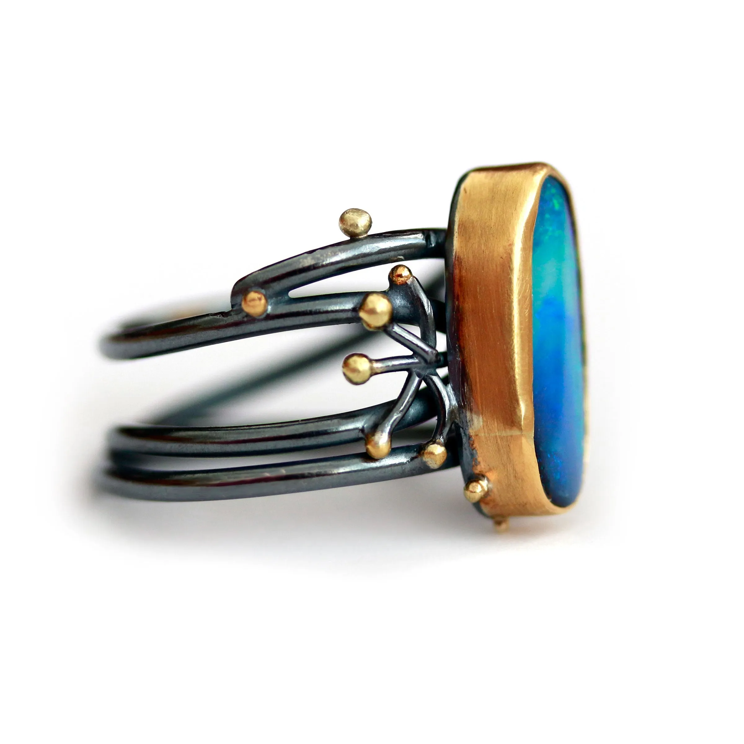 SOLD Blue Green Boulder Opal Tangled Vines Ring with Kyanite, Tsavorite Garnet and Swiss Blue Topaz. Size 7 1/2.